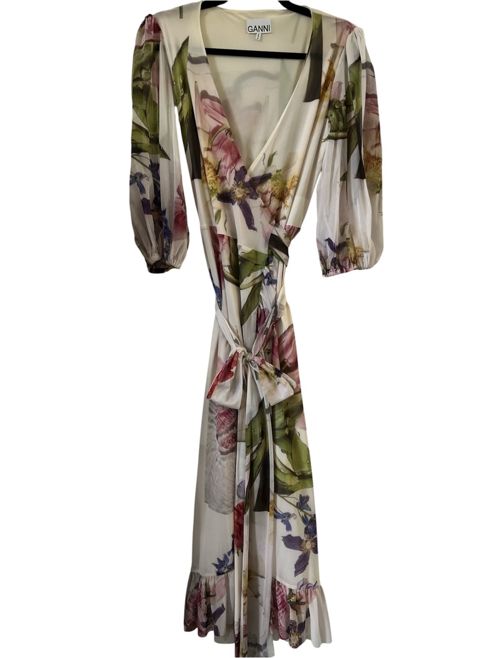 Ganni Cream Floral Wrap Maxi Dress with Green and Purple Accents